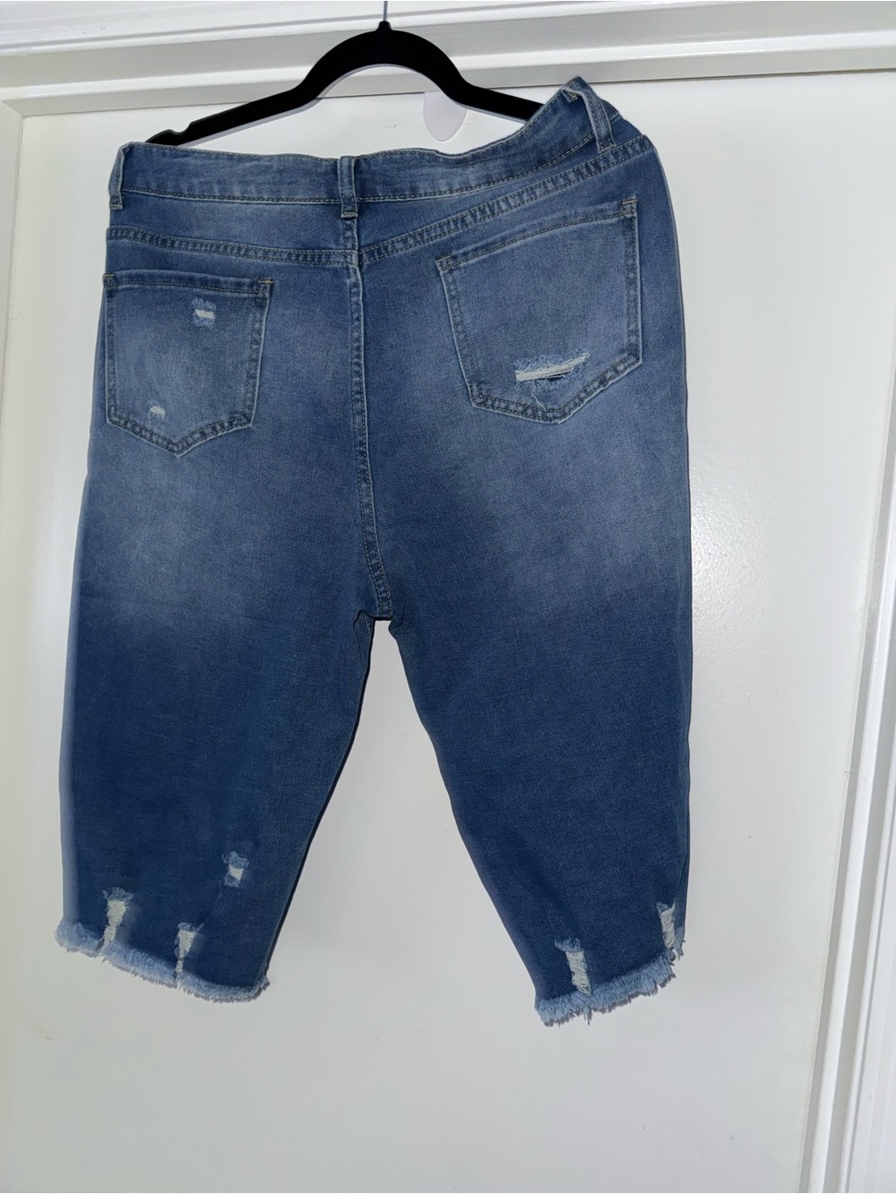 Distressed Dark Blue Denim Bermuda Shorts - Women's - Picture 2 of 4